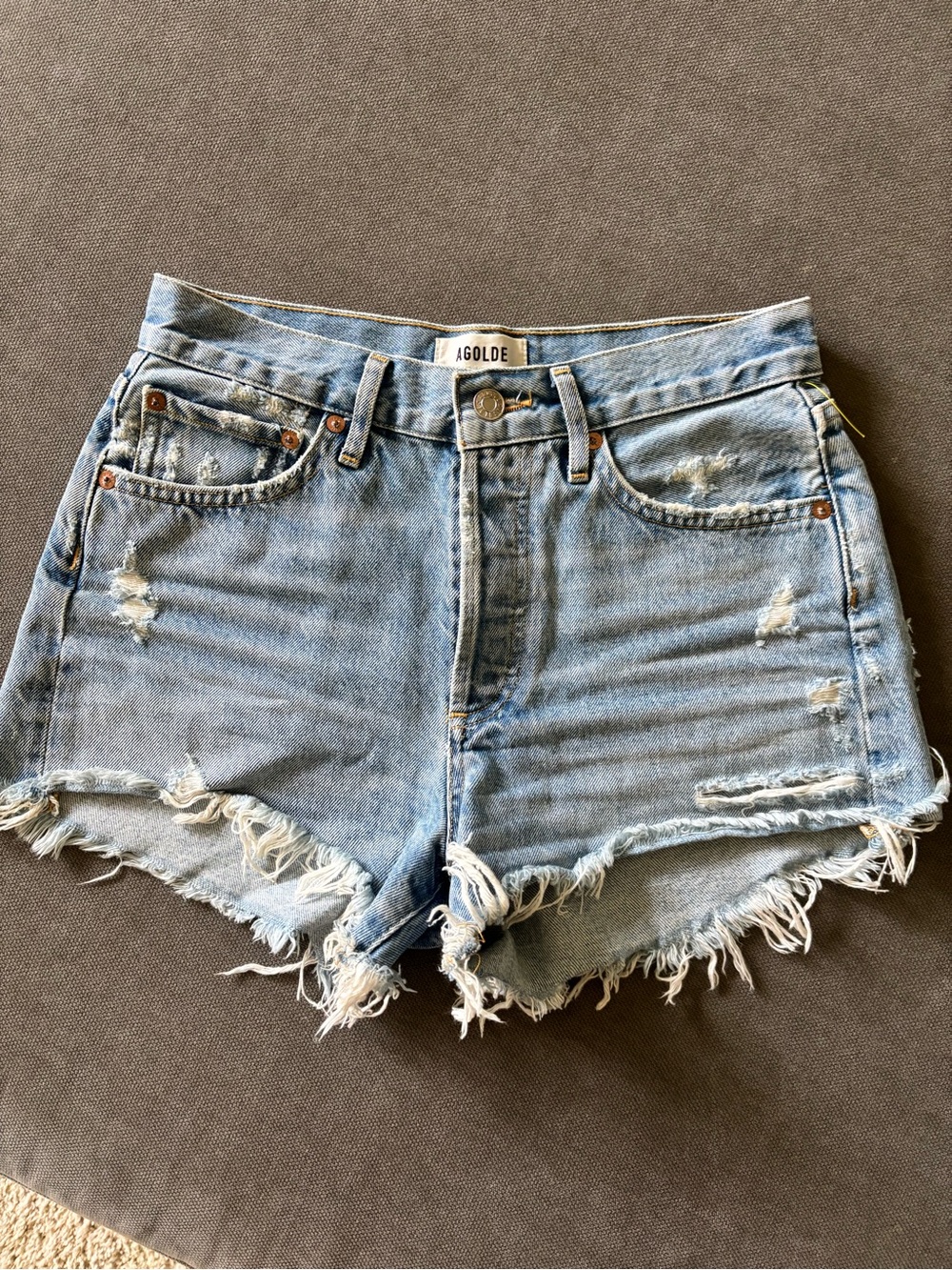 AGOLDE Light Blue Distressed High-Rise Denim Shorts